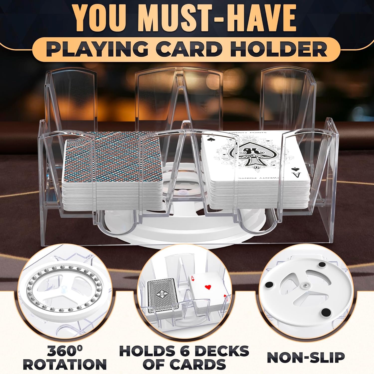 Canasta Card Holder – 6 Deck Plastic Revolving Card Game Holder Playing Cards Tray Rotating 360° Organizes Multiple Decks for Canasta, Poker and More | Lightweight, Durable with Smooth Rotation