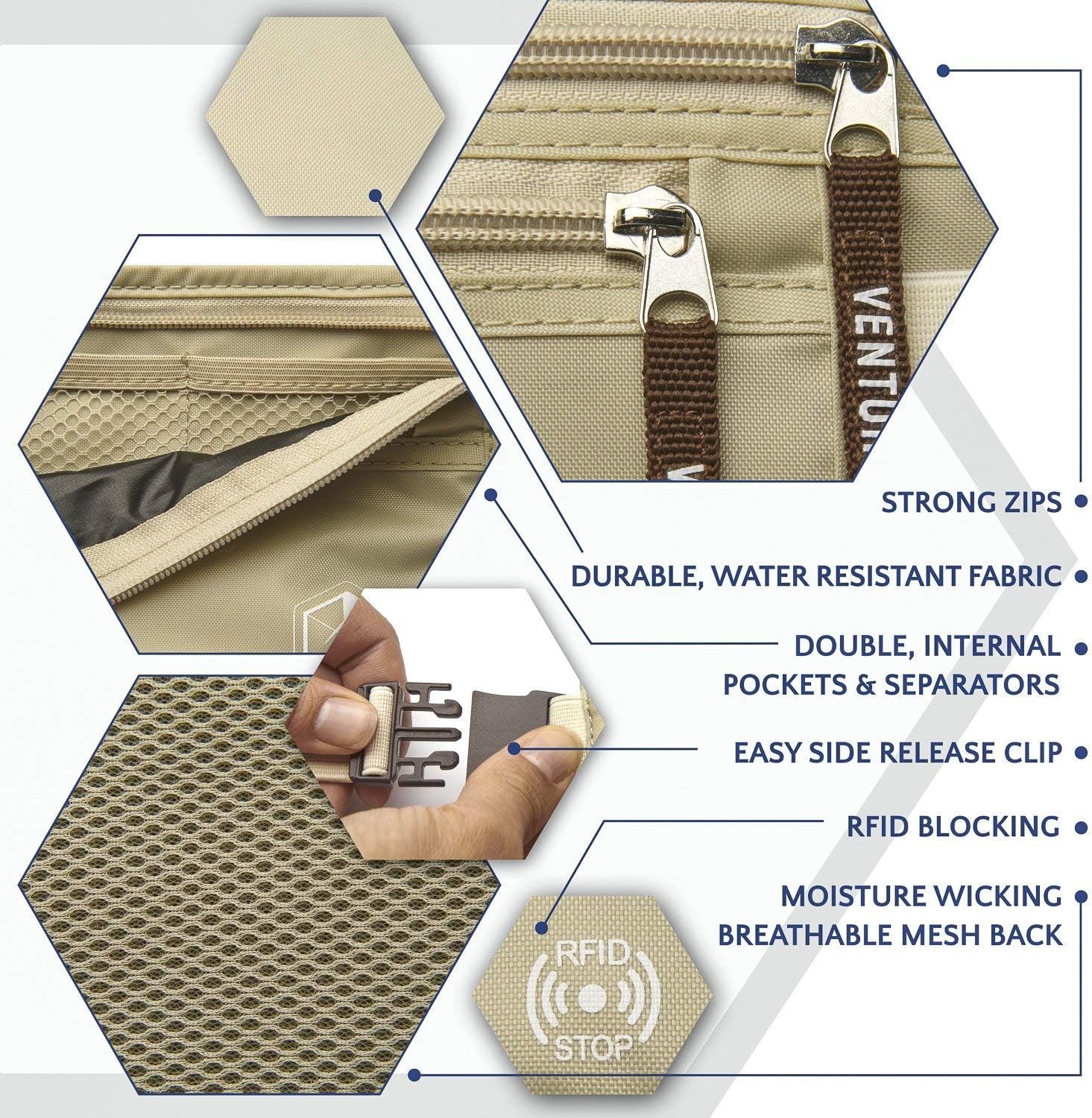 VENTURE 4TH Money Belt for Travel – Hidden Under-Clothes RFID Blocking Passport Holder & Slim Travel Wallet Pouch for Men & Women to Protect Cash, Cards & Documents (Beige)