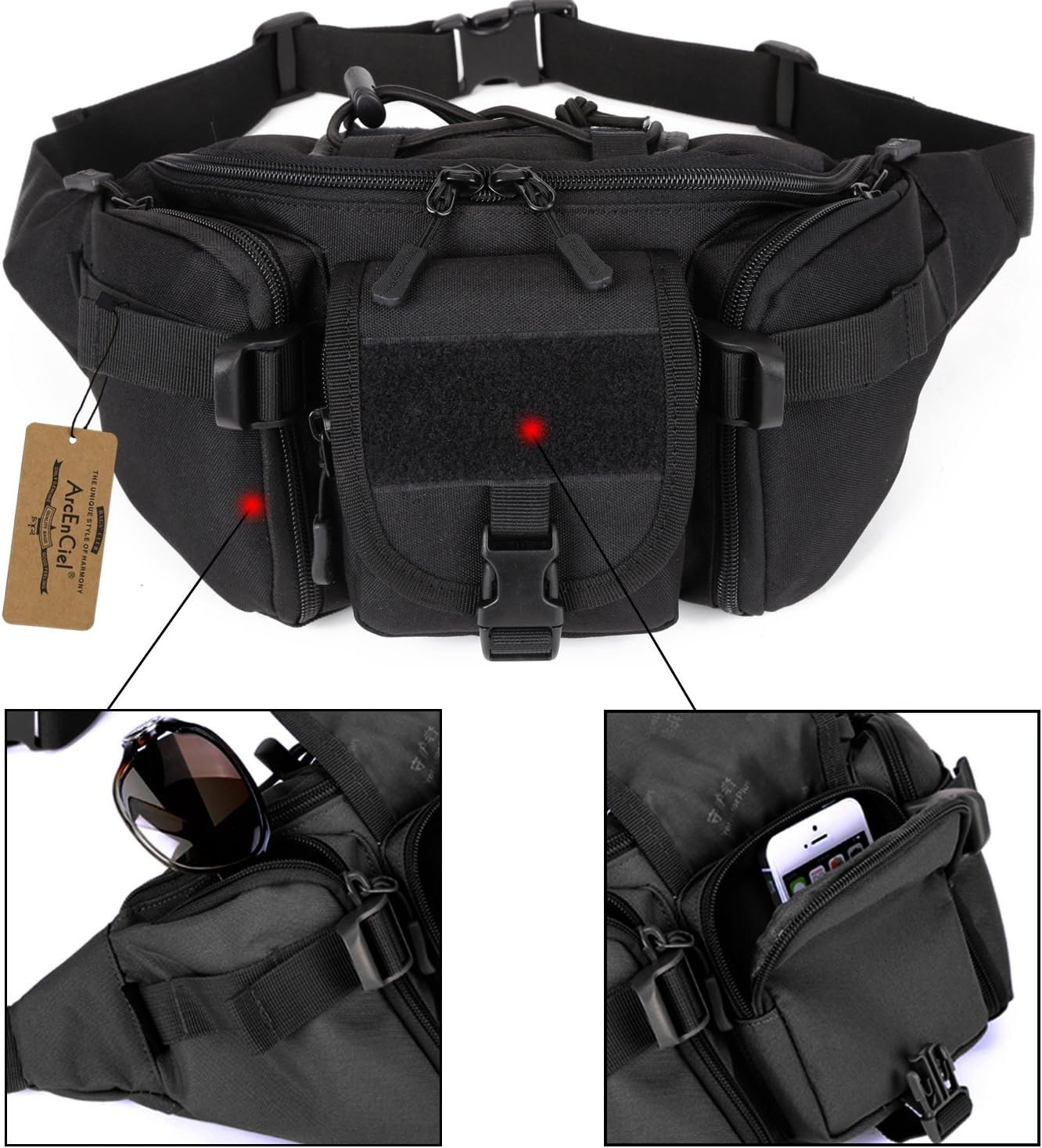 ArcEnCiel Tactical Fanny Pack for Men Women Waist Bag Hip Belt Outdoor Hiking Fishing Bumbag with Patch (Black)