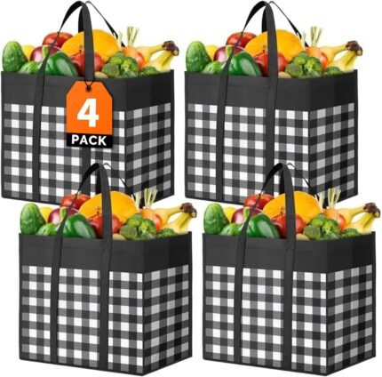 WOWBOX Reusable Grocery Bags,4-Pack, Foldable Reusable Shopping Tote Bags bulk with Reinforced Handles,Large Storage Bags with Water Resistant Coating for Groceries,Multipurpose,Black-White