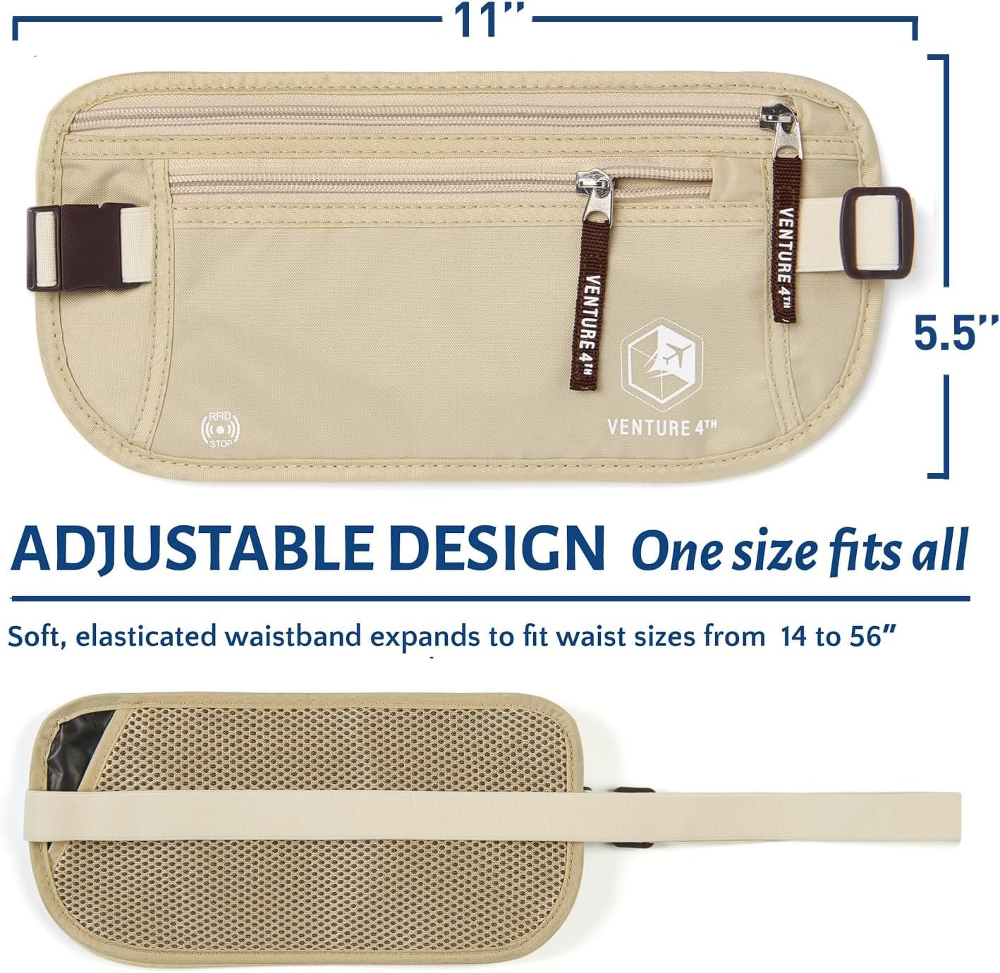 VENTURE 4TH Money Belt for Travel – Hidden Under-Clothes RFID Blocking Passport Holder & Slim Travel Wallet Pouch for Men & Women to Protect Cash, Cards & Documents (Beige)